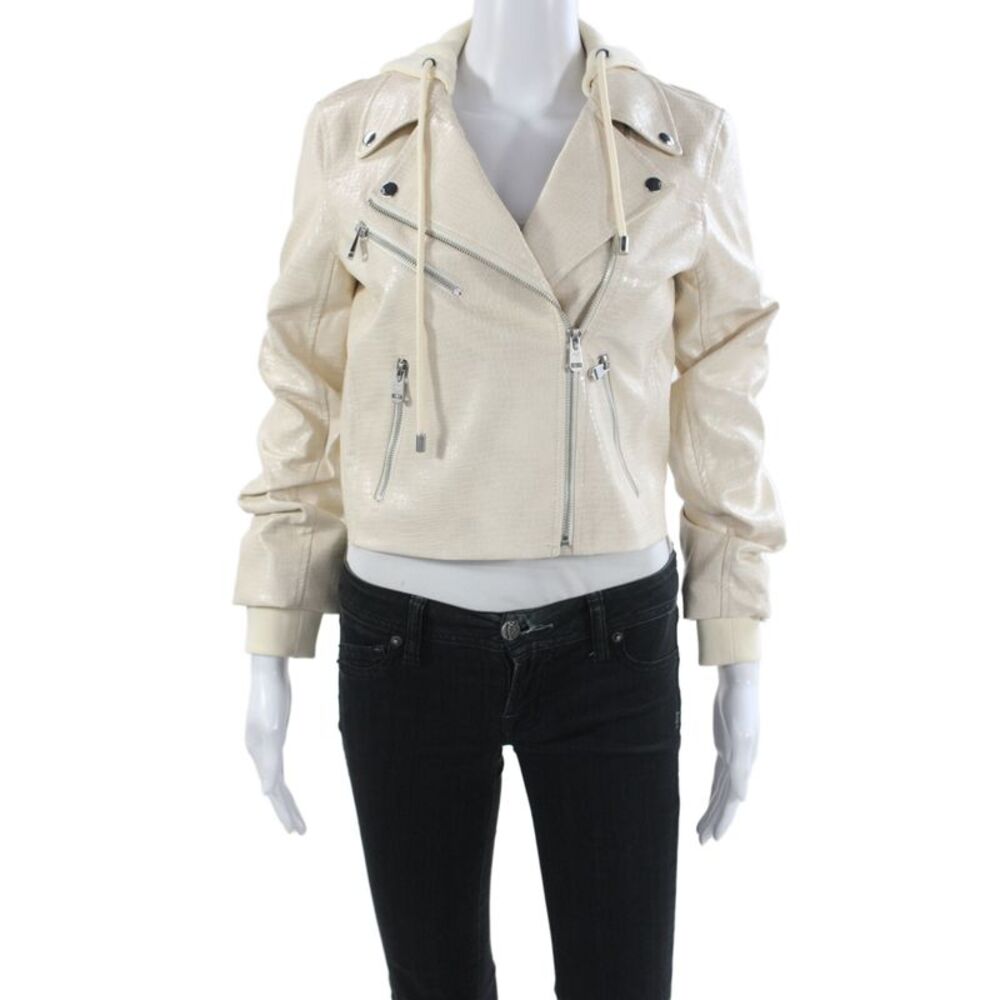 Cinq A Sept Womens Biker Jacket Beige Collared Zip Long Sleeve Size XS